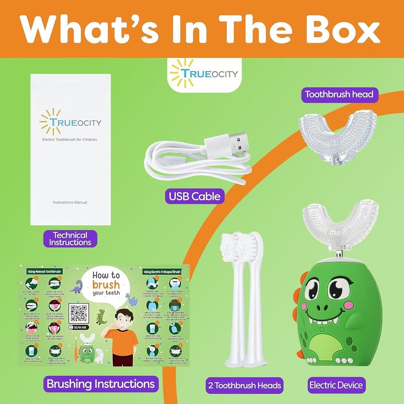 Trueocity Kids U Shape Toothbrush Auto Electric Toddler Rechargeable Kids Automatic Toothbrush | 360° U-Shaped Silicone Brush Head | Gentle Cleaning for Ages 2–7 | Dinosaur Design (Green) - Image 5
